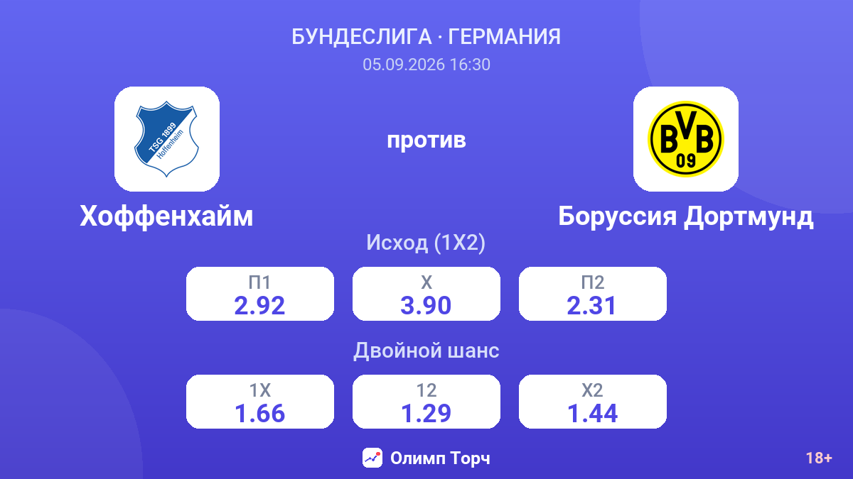 Хоффенхайм — Боруссия Дортмунд — коэффициенты
